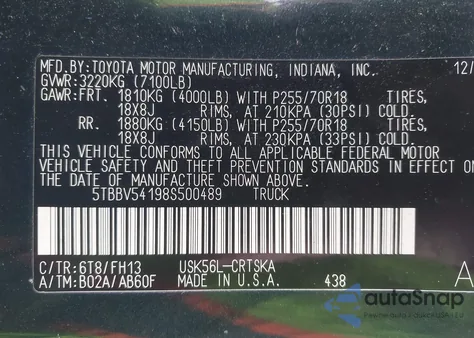 2008 Toyota Tundra Base 5.7L V8 from USA, damaged, VIN 5TBBV54198S500489